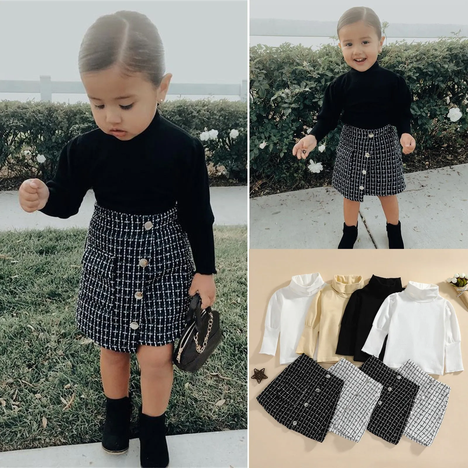 Turtleneck Top Plaid Mini Skirt Set, 0-4T