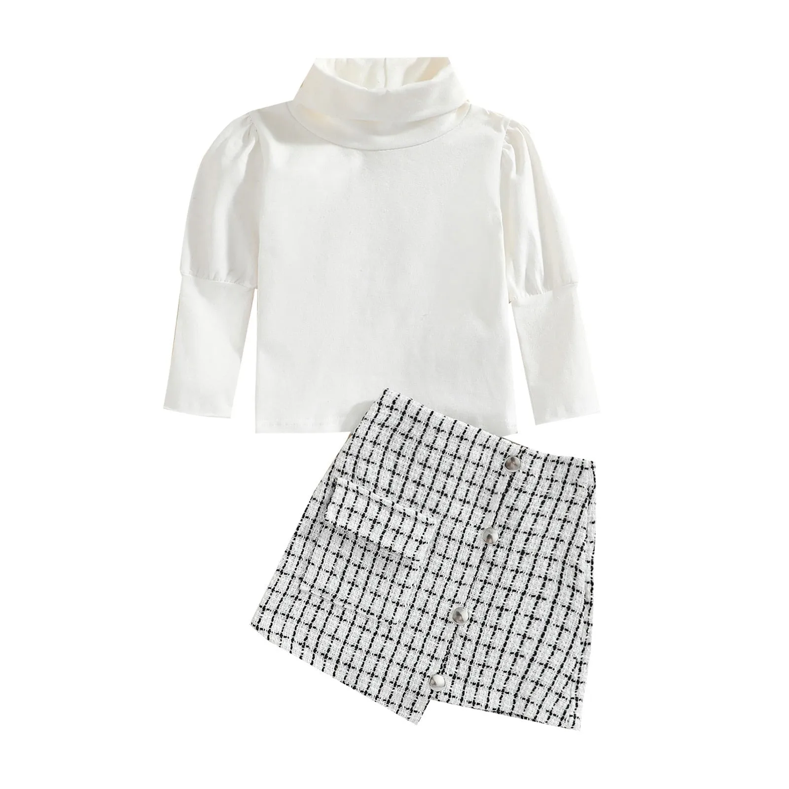 Turtleneck Top Plaid Mini Skirt Set, 0-4T