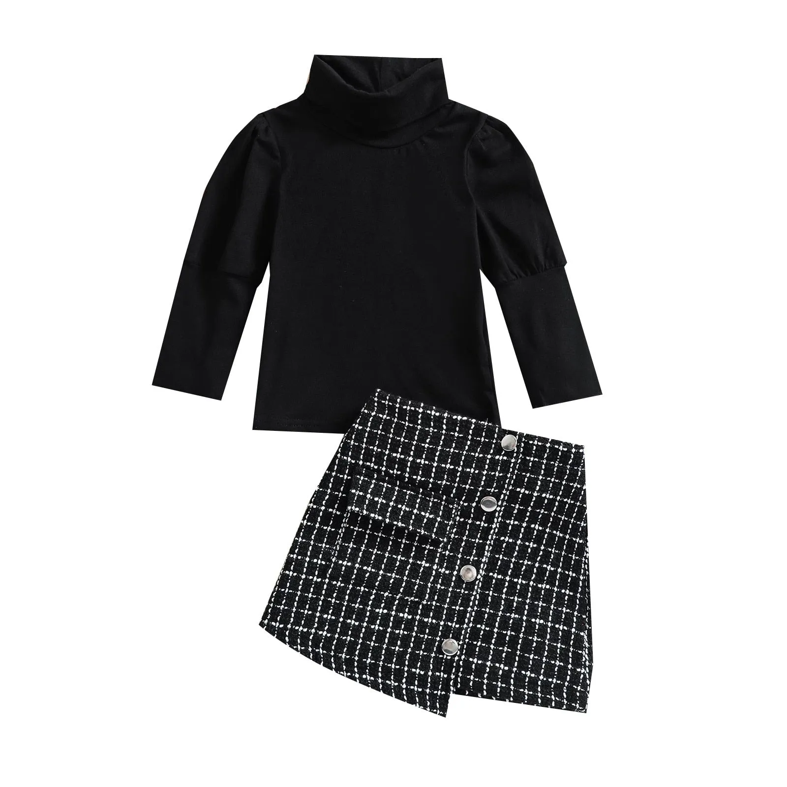 Turtleneck Top Plaid Mini Skirt Set, 0-4T