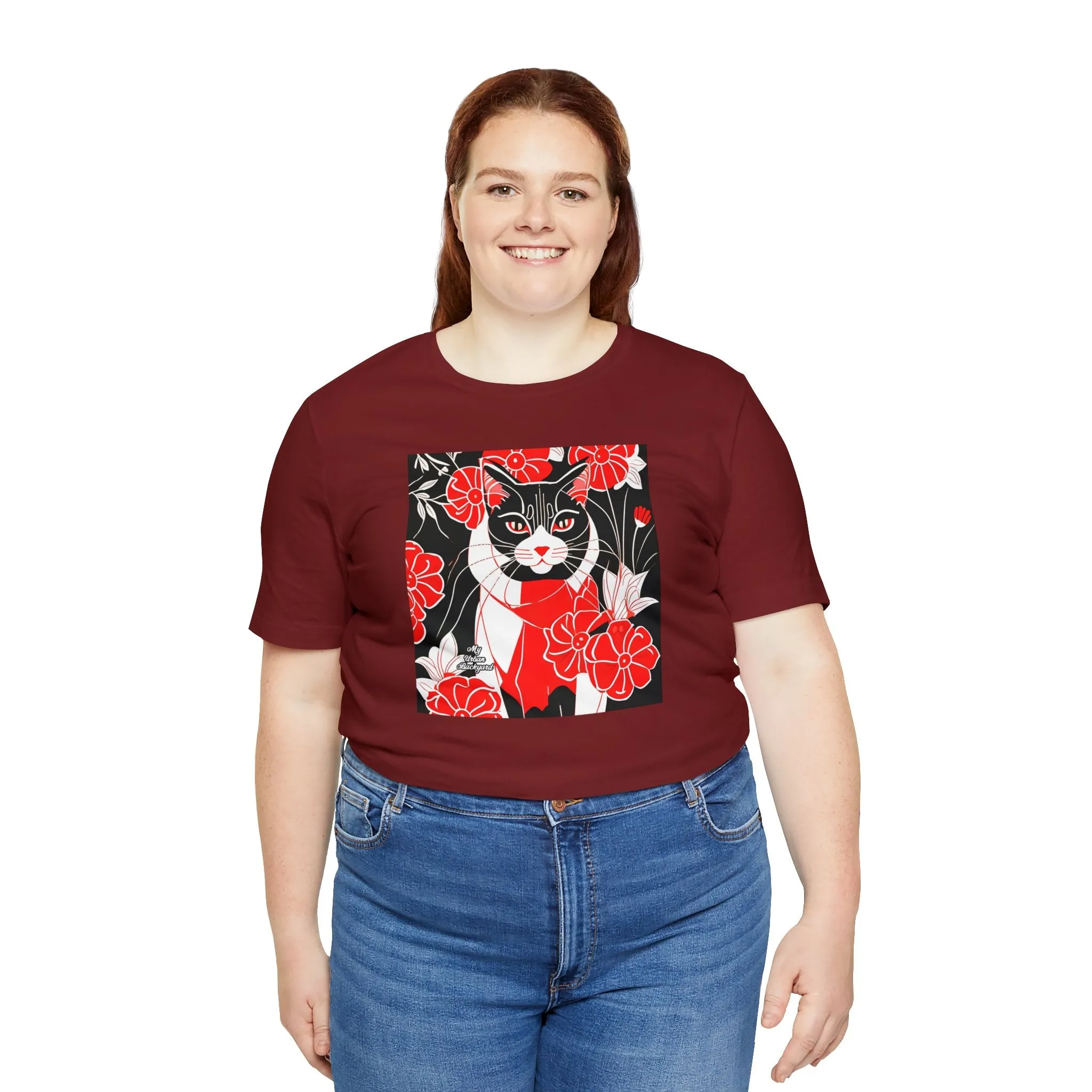 Tuxedo Cat with Red Flowers, Soft 100% Jersey Cotton T-Shirt, Unisex, Short Sleeve, Retail Fit