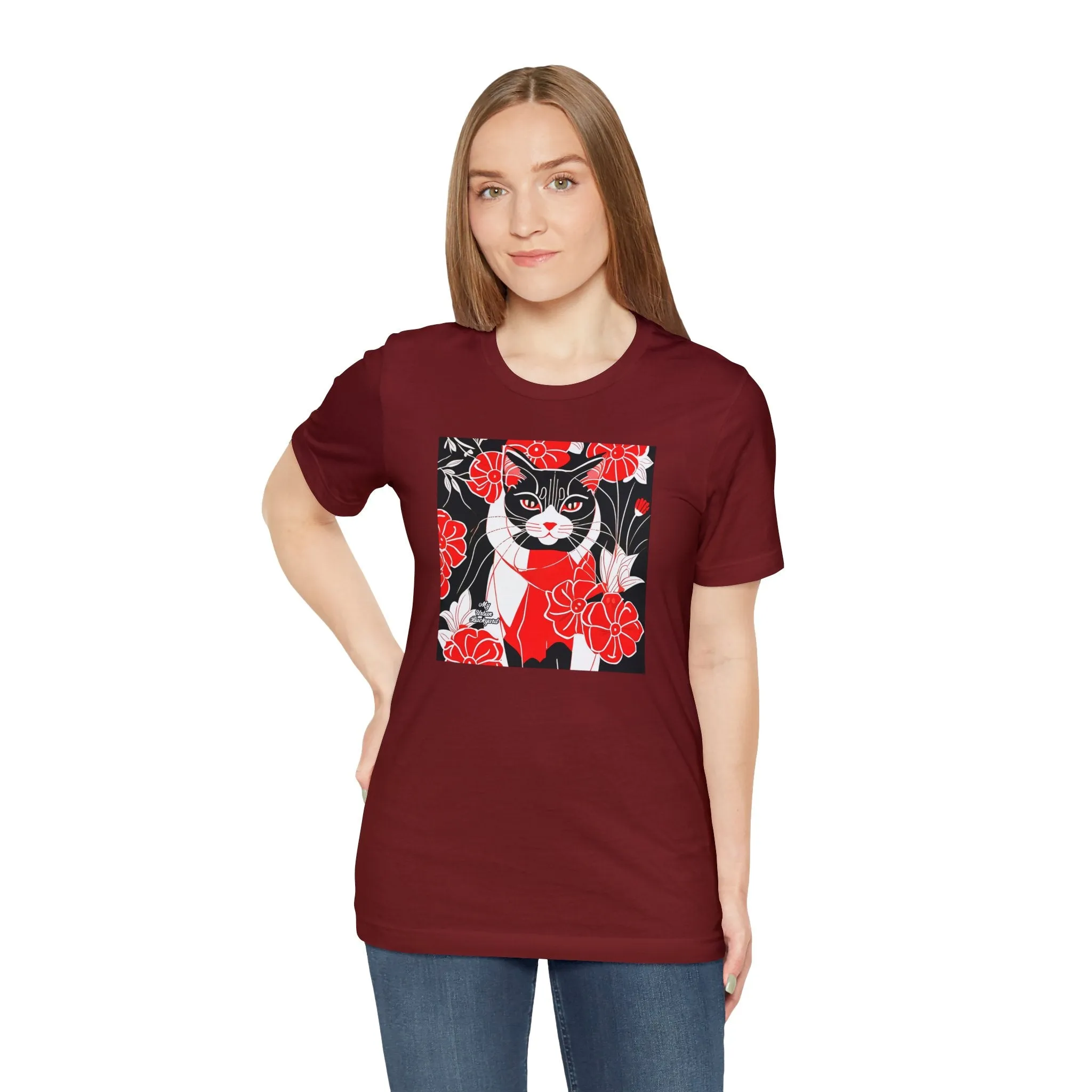 Tuxedo Cat with Red Flowers, Soft 100% Jersey Cotton T-Shirt, Unisex, Short Sleeve, Retail Fit