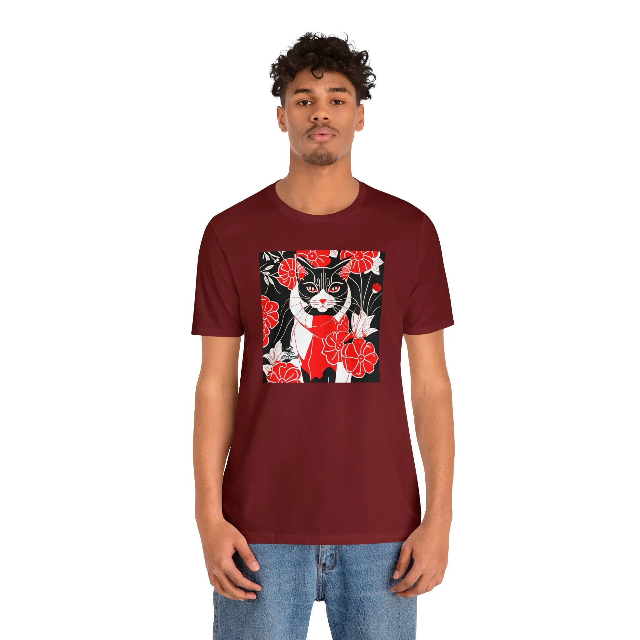 Tuxedo Cat with Red Flowers, Soft 100% Jersey Cotton T-Shirt, Unisex, Short Sleeve, Retail Fit