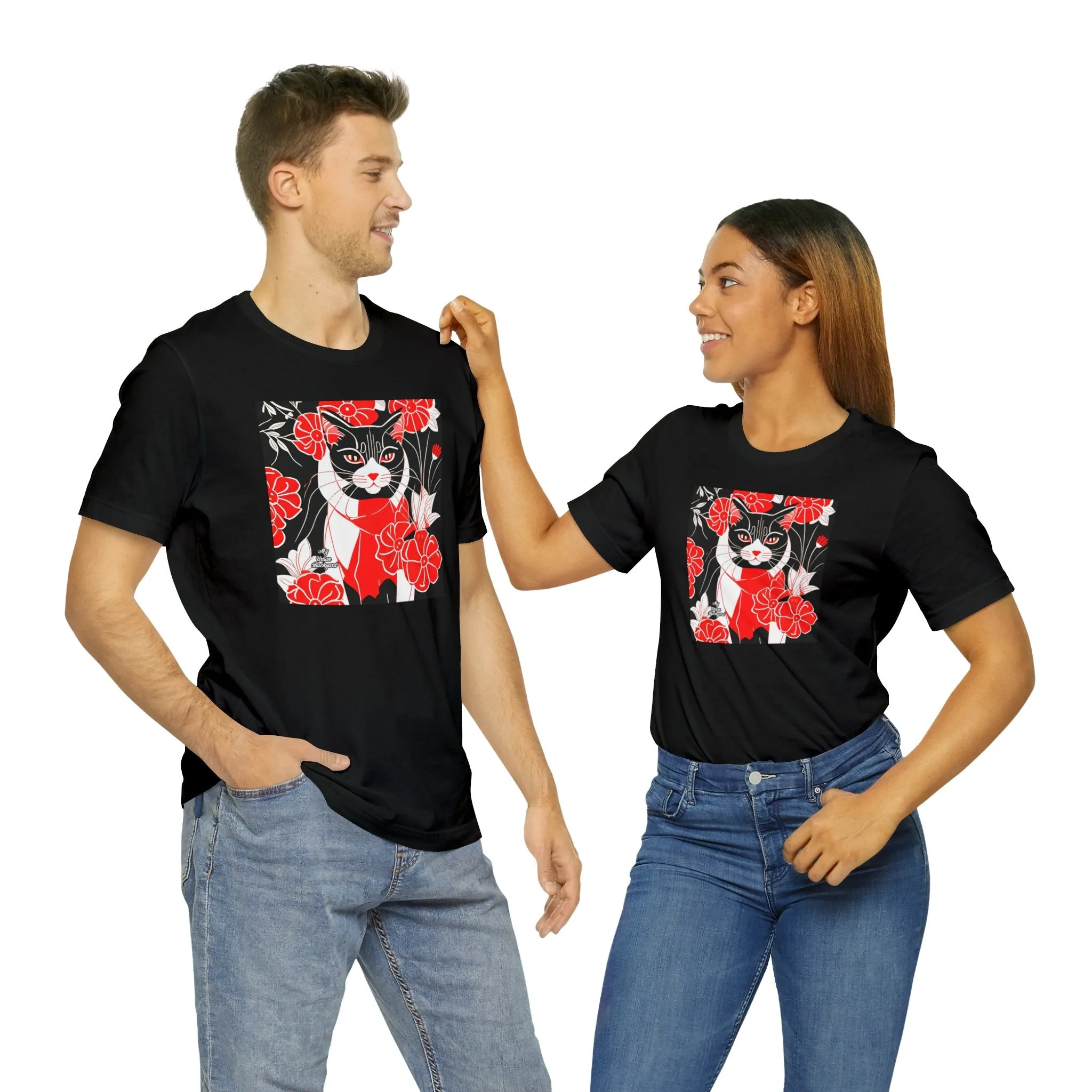 Tuxedo Cat with Red Flowers, Soft 100% Jersey Cotton T-Shirt, Unisex, Short Sleeve, Retail Fit