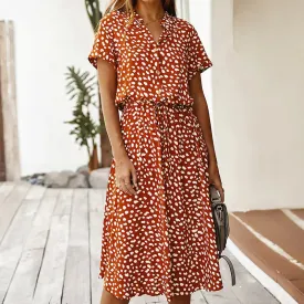 White Dots Print 2024 Tunic Vintage Midi Casual Holiday Beach Boho Dress