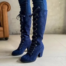 Womens Solid Hue Chunky Heel Knee High Boots - Fashion-Forward Lace-Up Design, Luxuriously Comfortable, Dress-to-Impress - Stylish and Trendy