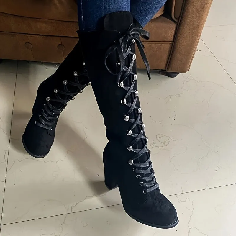 Womens Solid Hue Chunky Heel Knee High Boots - Fashion-Forward Lace-Up Design, Luxuriously Comfortable, Dress-to-Impress - Stylish and Trendy